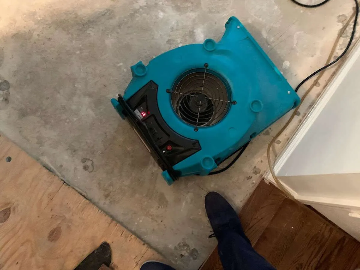 Air mover drying subfloor during Commercial Water Damage Restoration in Lima
